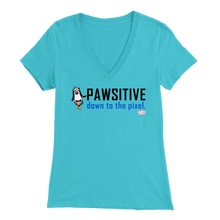 Load image into Gallery viewer, 8Bit the Dog is Featured on this Turquoise colored Women’s V-Neck T-Shirt.  The message is simple, clean, compelling and kind and it simply says ‘PAWSITIVE’ and under that word it says ‘down to the pixel.’  This is a PIXELated PETS™ favorite shirt.
